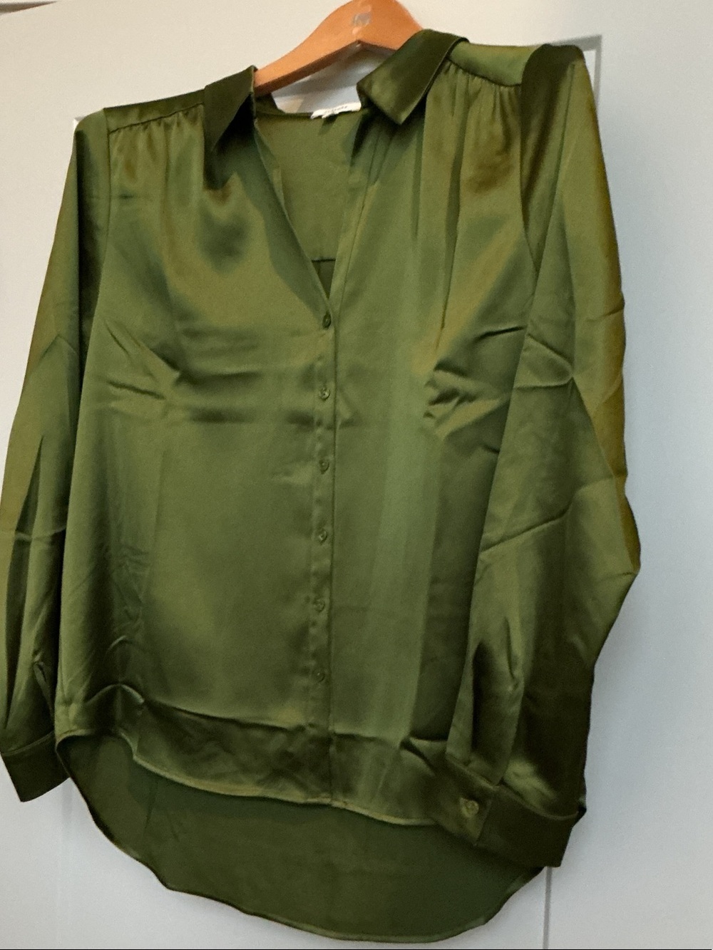 Pleione Olive Green Satin Button-Up Blouse